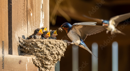 Swallow feeding chicks in a nest made of mud on a wooden wall  