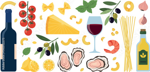 Hand-Drawn Food and Wine Illustration Set with Pasta, Wine Glass, Cheese, Shrimp, Olive Oil, and Fresh Ingredients for Culinary Designs