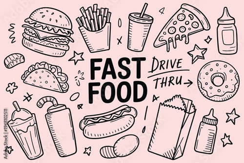 Hand-drawn doodle illustration of fast food items and text on a pink background Keywords: fast food, doodle, illustration