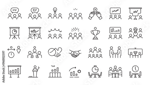 Collection of line icons for business meetings, teamwork, and corporate communication.