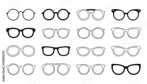 Collection of various black outline glasses icons on white background illustration vector graphic.