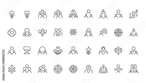 Assortment of line icons representing business concepts, teamwork, and organizational structure.