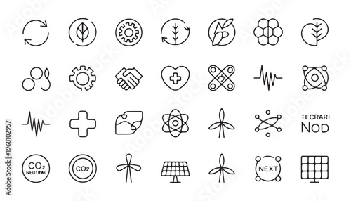 Sustainable energy and environmental protection outline icons including carbon neutral and green power.