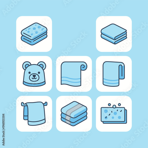 Collection of blue soft towels and sponges icons including folded stack hanging towel and cute bear head wrap