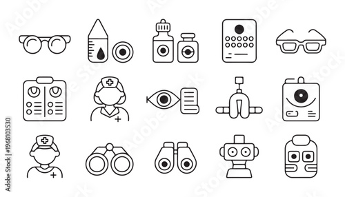 Vision care and eye treatment icon set with spectacles medicine bottles nurse and diagnostic charts.