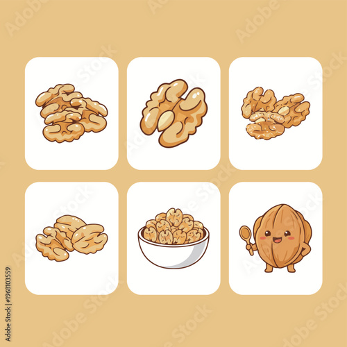 Fresh organic walnut kernels and whole nuts in bowl with cute walnut mascot holding a spoon vector illustration