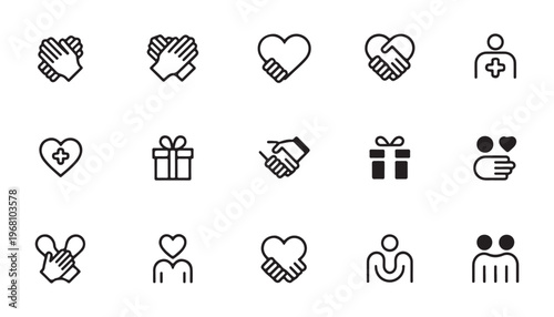 Friendship and care icons set love partnership support community helping hands gift heart handshake relationship connection togetherness.