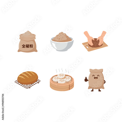 Collection of frozen food dumplings and wontons in packaging and bowls with cute smiling dumpling mascot