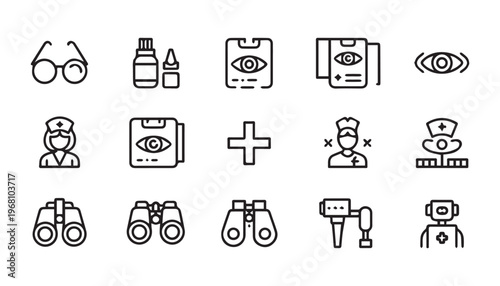 Ophthalmology medical icons collection featuring glasses binoculars eye exam tools and nurse avatars.