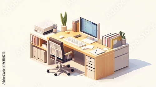 Modern office workspace with computer, chair, stationery, books, indoor plants, and organized supplies on a stylish wooden desk