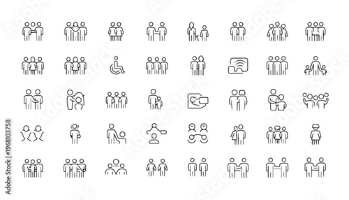 People icons set group family couple friends colleagues team community individuals diversity communication connection network.