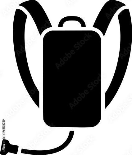 Backpack with water tube and mouthpiece black icon representing hydration pack or camelbak.