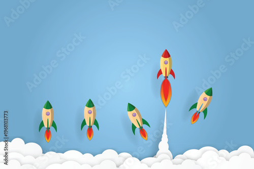 Rocket go to success goal vector business financial concept start up, leadership, creative idea symbol paper art style with copy space for text. illustration