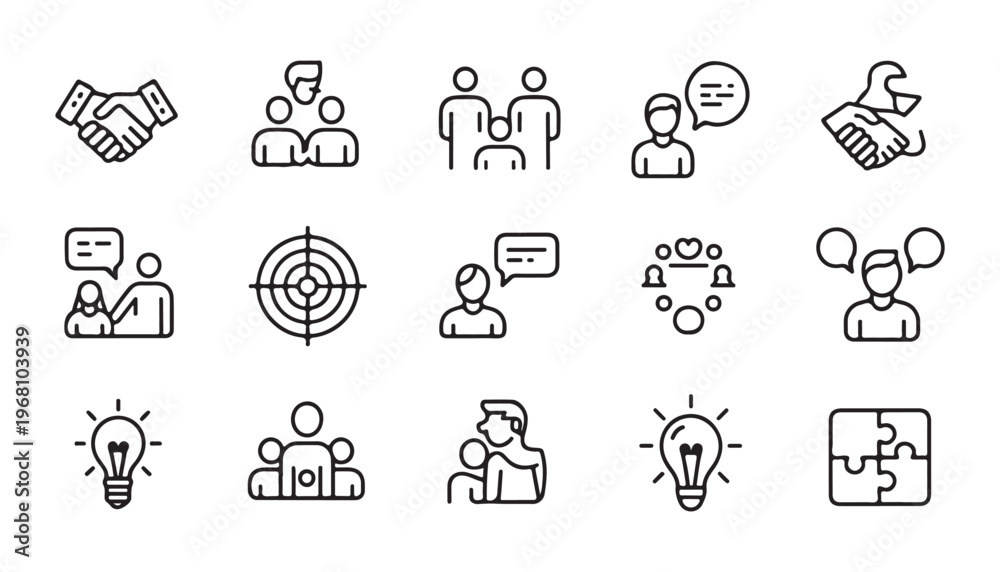 Fototapeta premium Business and teamwork line icon set featuring handshake target and communication bubble characters.