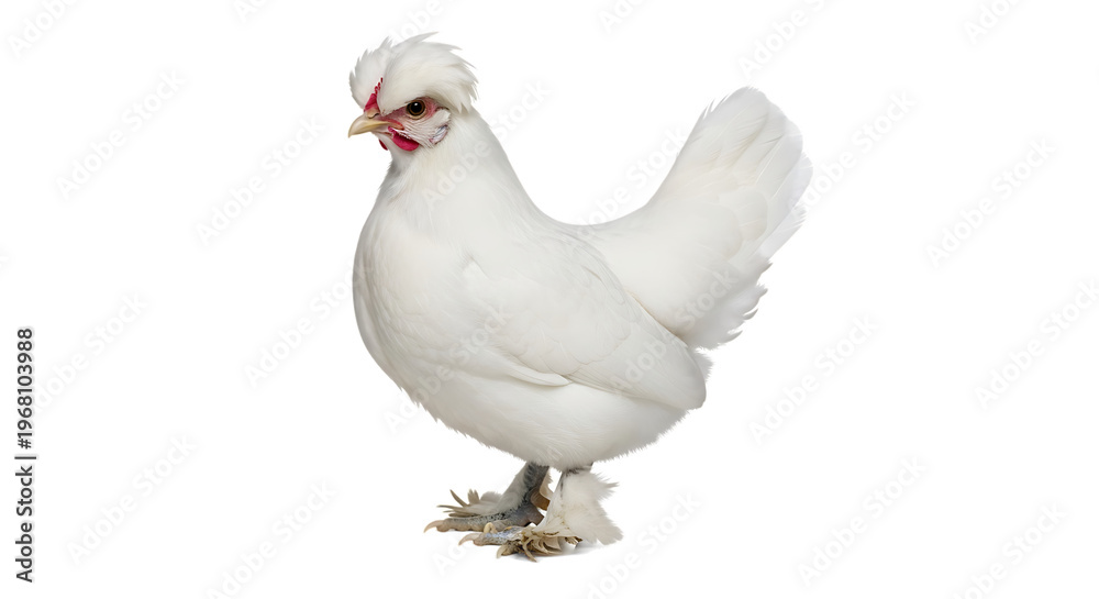 Fototapeta premium Small white silkie chicken facing forward with white background
