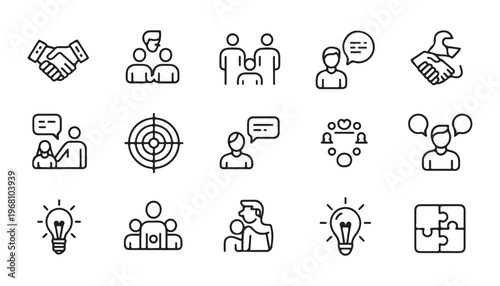 Business and teamwork line icon set featuring handshake target and communication bubble characters.