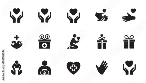 Charity and donation solid glyph icon set featuring hearts helping hands and medical volunteer work.