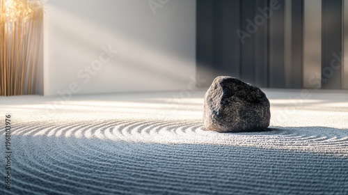 Tranquil Zen Garden Featuring a Single Stone Surrounded by Softly Raked Sand and Gentle Light Streaming Through a Modern Interior Space