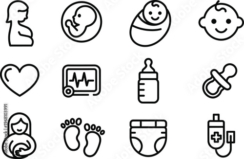 Pregnancy and Baby Icons with Fetus Heartbeat and Newborn vector illustration
