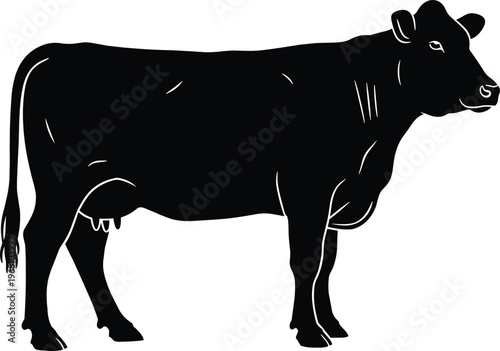 Black silhouette cow illustration in profile view facing right, stylized livestock vector art for farming, dairy, agriculture themes