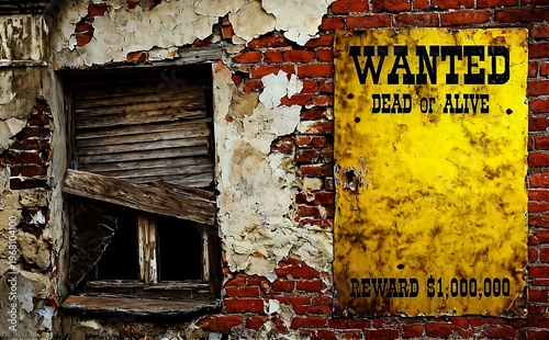 A weathered 'Wanted' poster on a crumbling brick wall with a broken window, evoking a sense of the American Wild West.