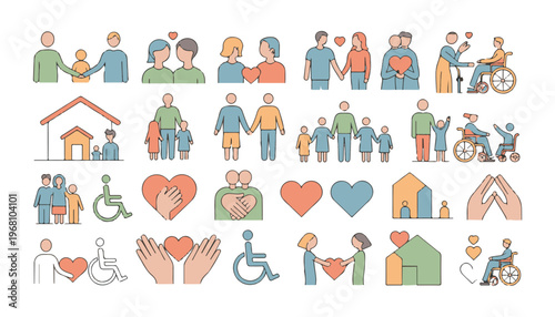 Diverse family and inclusion flat vector set with disabled people lgbt couples and senior home care.