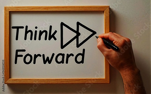 A hand writing on a whiteboard with a wooden frame, the words 'Think Forward' and a right-pointing arrow drawn in black marker.