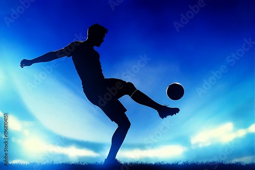 A silhouette of a man kicking a soccer ball on a blue background