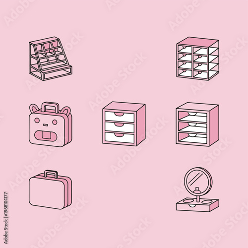 Collection of white plastic detergent bottles for laundry and cleaning with cute smiling blue mascot