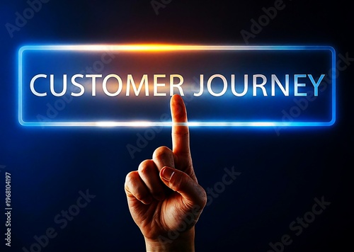A hand pointing to a glowing blue rectangle with the words 'CUSTOMER JOURNEY' in white and blue letters.