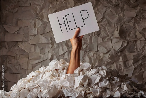 Drowning in a sea of paperwork with a help sign, symbolizing overwhelm and desperation.