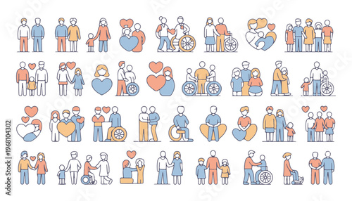 People with disabilities and their families set vector icons. social support, inclusion, charity.