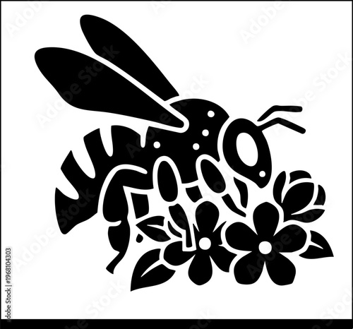 Bee collecting nectar from flowers insect pollination nature wildlife illustration black and white design.