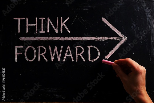 A motivational message written on a blackboard with chalk, 'THINK FORWARD' with an arrow pointing to the right.