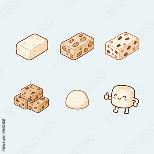 Collection of soy milk products with soybean bag glass bottle and cute soybean mascot character