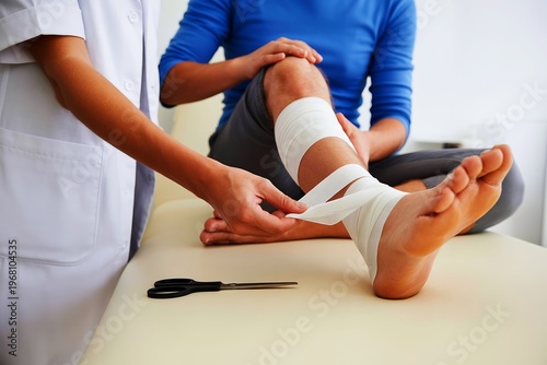 Medical professional applying white athletic tape to a patient's ankle for support and stability during a treatment session