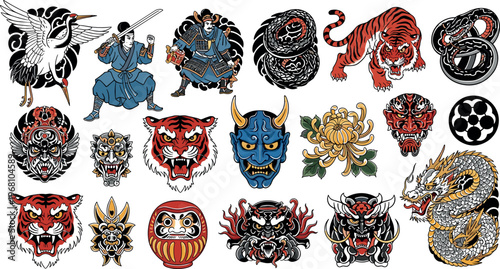 Hand-Drawn Japanese Tattoo Illustration Set with Tigers, Dragons, Samurai, Demonic Masks, and Traditional Symbols for Vintage and Mystical Art Concepts