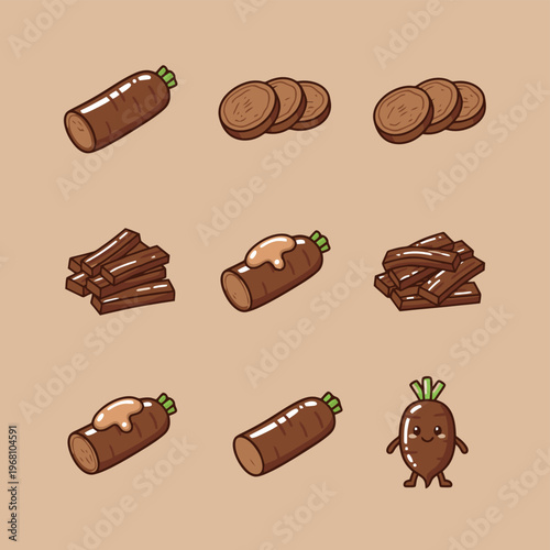 Collection of laundry detergent pods and liquid capsules with cute blue detergent mascot character