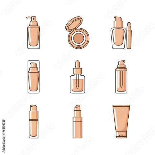 Collection of white plastic bottles for household cleaners and detergents with cute smiling blue mascot