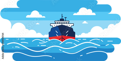 Cargo ship sailing on choppy sea waves under a cloudy sky, maritime transport and global logistics concept