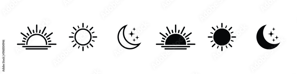 Obraz premium Time of the day icons displaying morning sunrise, bright noon sun, evening sunset, and night moon with stars representing daily cycle, weather, calendar, and environment concept vector design 