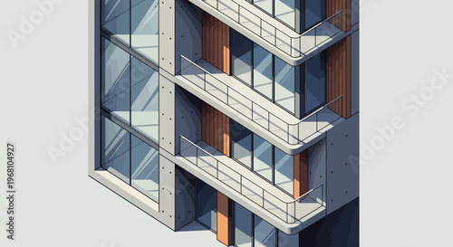 Architectural depiction of a modern building with balconies and large glass windows