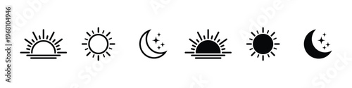 Time of the day icons displaying morning sunrise, bright noon sun, evening sunset, and night moon with stars representing daily cycle, weather, calendar, and environment concept vector design 