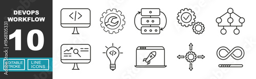 Modern DevOps Workflow and Software Development icon set. Includes Coding Monitor, Database Synchronization, Rocket Launch, Agile Process, Infinitive Loop. Editable stroke line icons.
