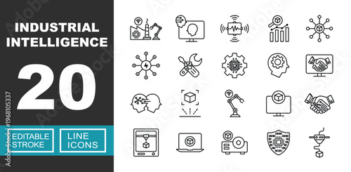 Industrial Intelligence icon set. Includes smart factory, robotic automation, 3D printing, data analysis, industrial computing. Editable stroke line icons.