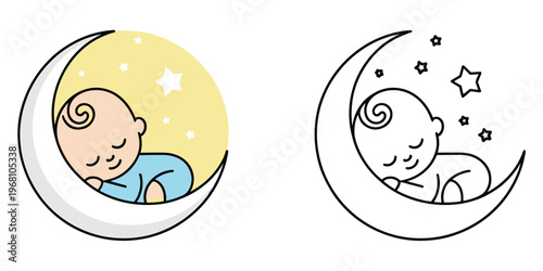 Sleeping Baby on Moon with Stars Color and Outline Versions crescent