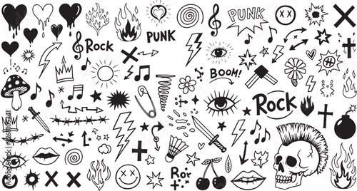 Hand-drawn Punk Rock Doodles, Skulls, and Street Art Graffiti Icons Vector Set