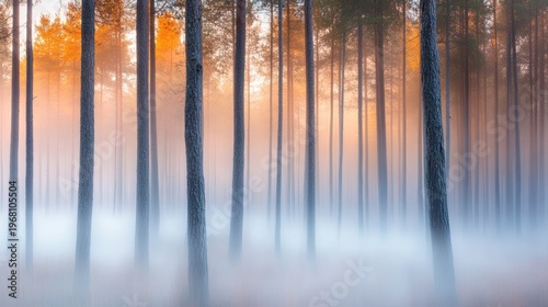 Ethereal Forest Landscape at Dawn with Misty Fog and Sunlight Filtering Through Tall Pine Trees in a Tranquil Setting