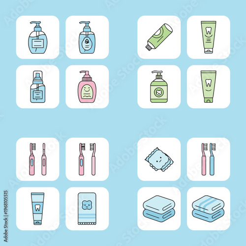 Set of pink skincare and cosmetic packaging bottles with cute smiling facial cream mascot character