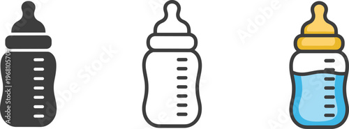 Three Baby Bottles in Black Outline Gray and Blue Color feeding bottle milk bottle